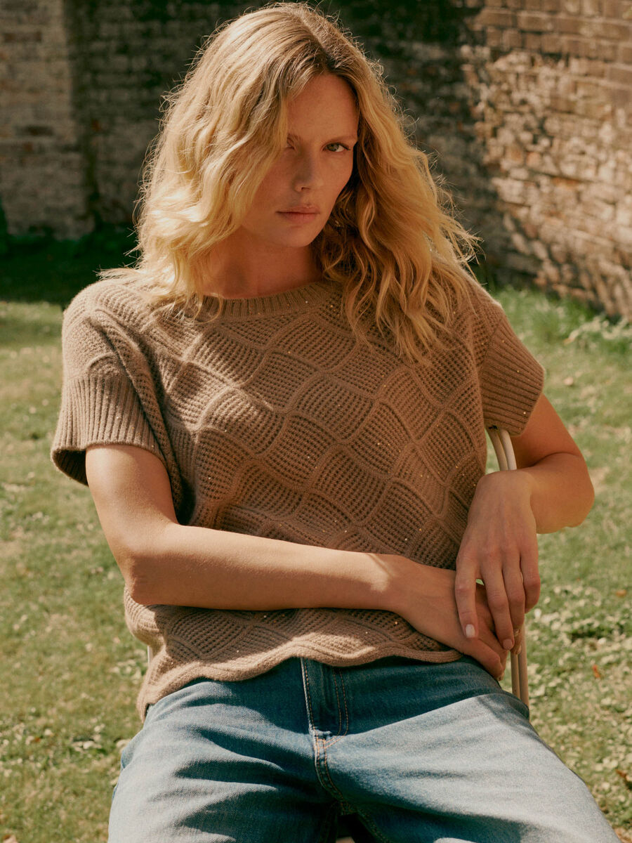 Kurzarm-Kaschmirpullover mit Pointelle-Lochmuster image number 0