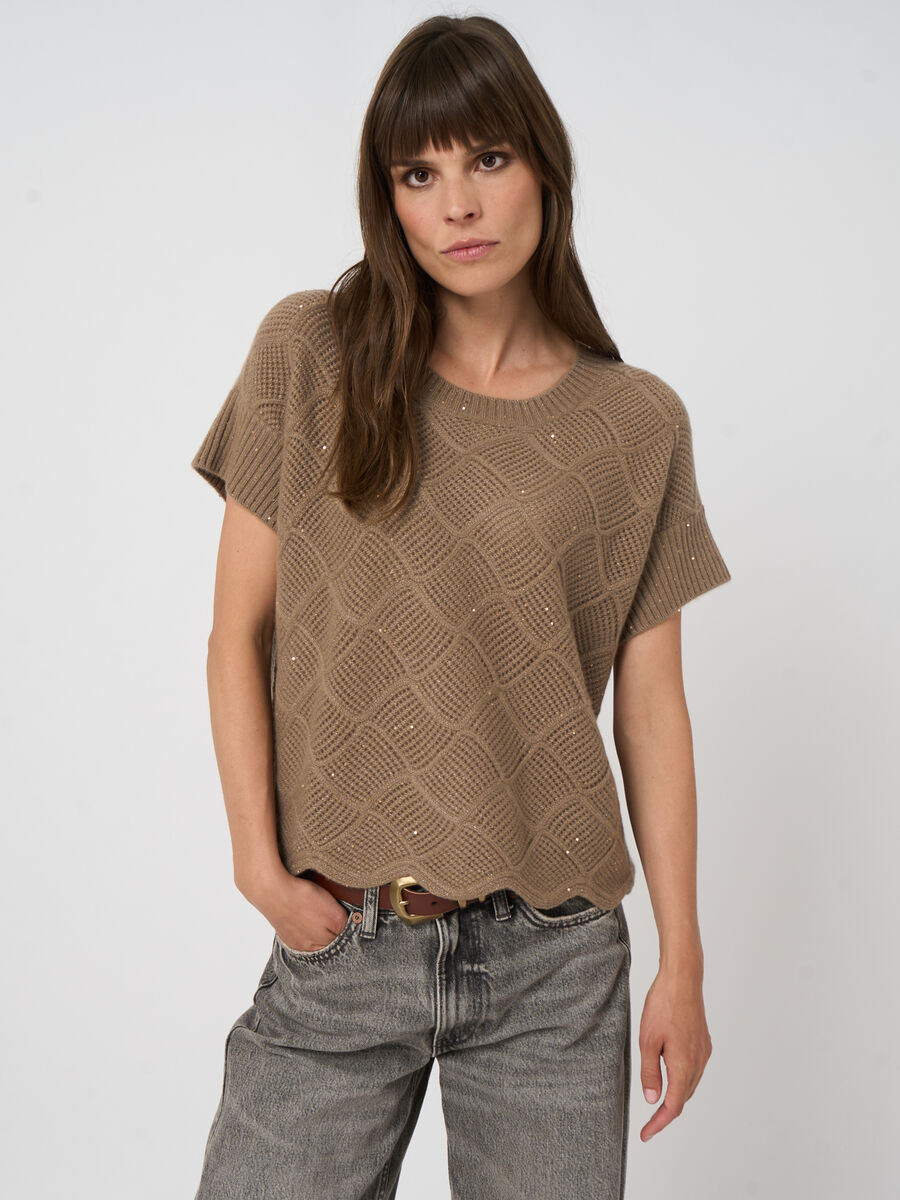 Kurzarm-Kaschmirpullover mit Pointelle-Lochmuster image number 3