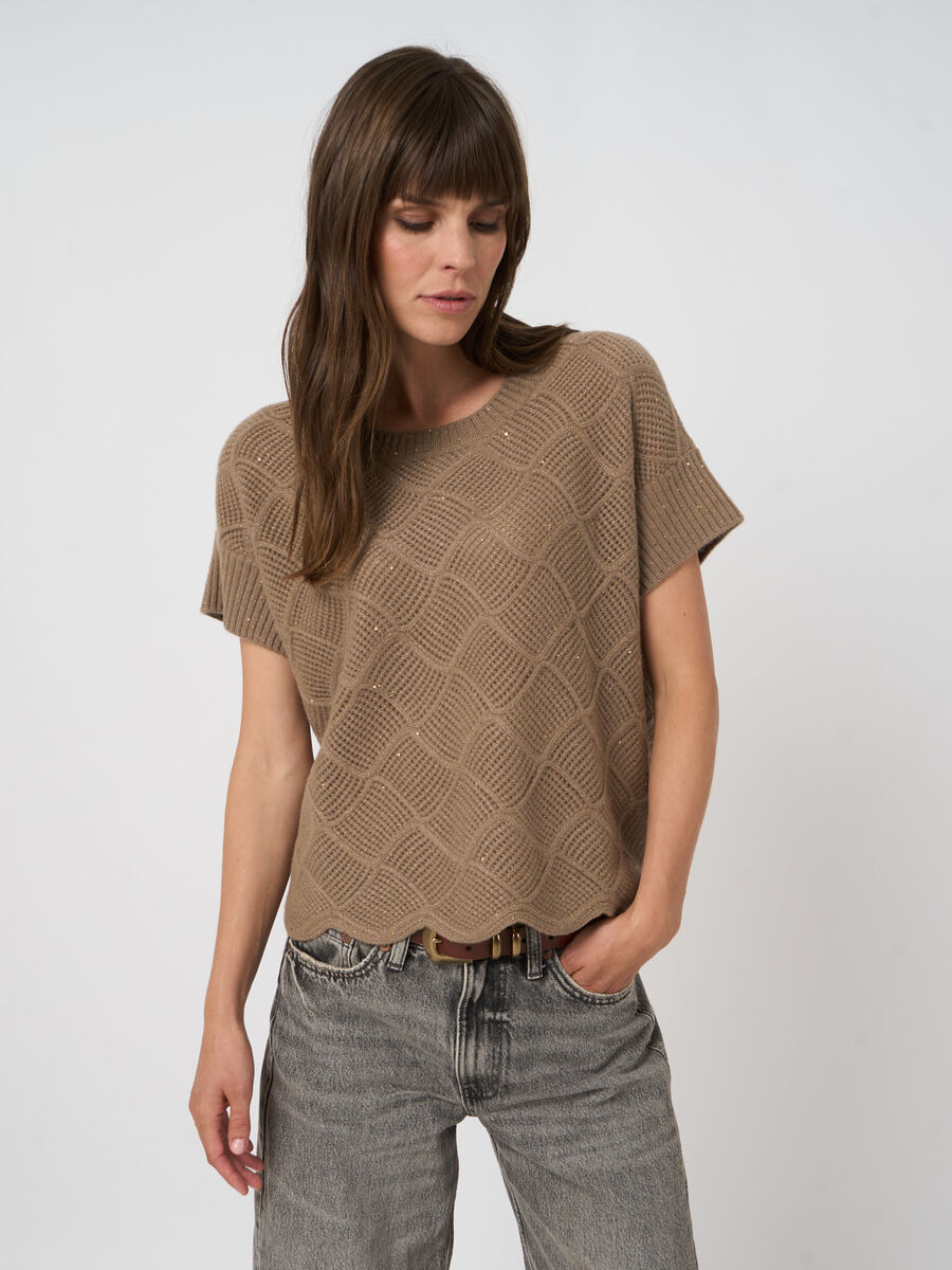 Kurzarm-Kaschmirpullover mit Pointelle-Lochmuster image number 5