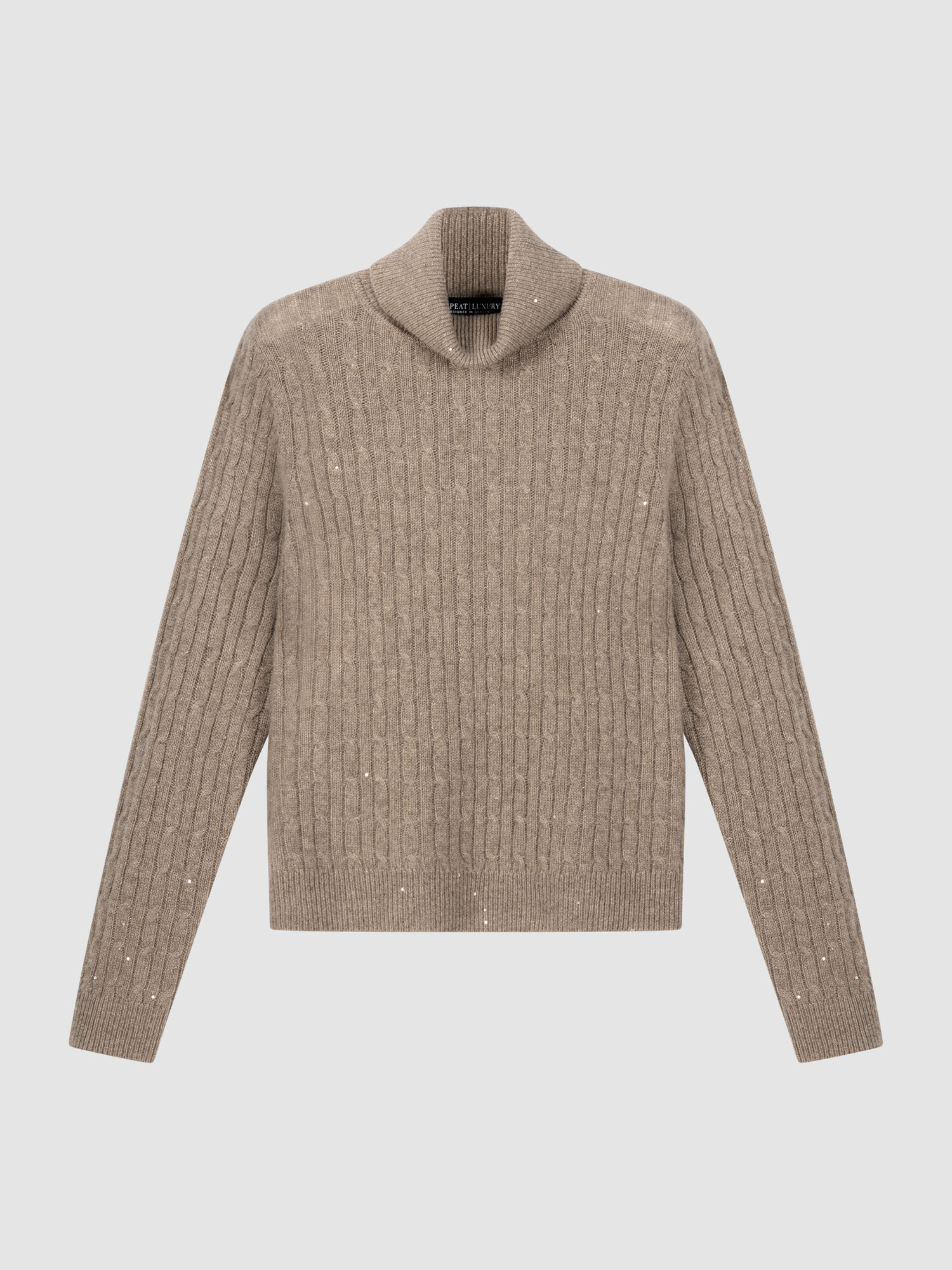 Kasjmier coltrui met kabelpatroon en Lurex-detail