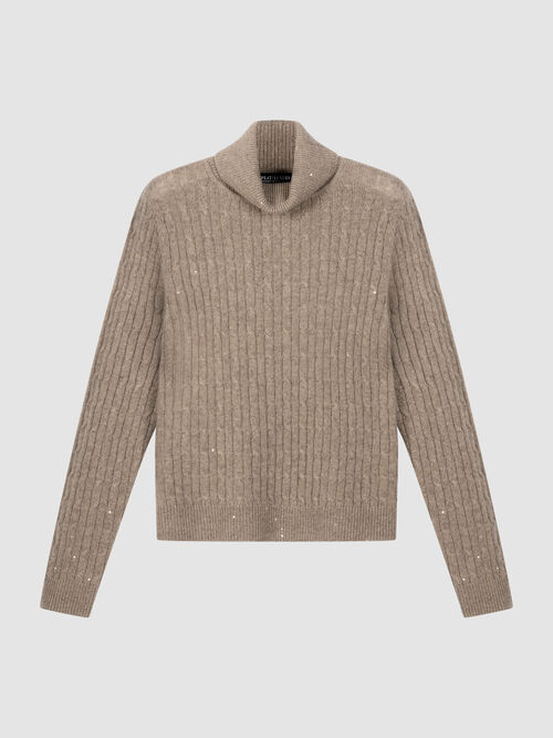 Kaschmir-Rollkragenpullover mit Zopfmuster und Lurex
