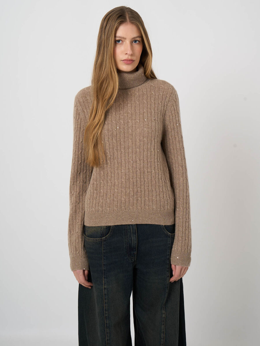Kaschmir-Rollkragenpullover mit Zopfmuster und Lurex image number 3