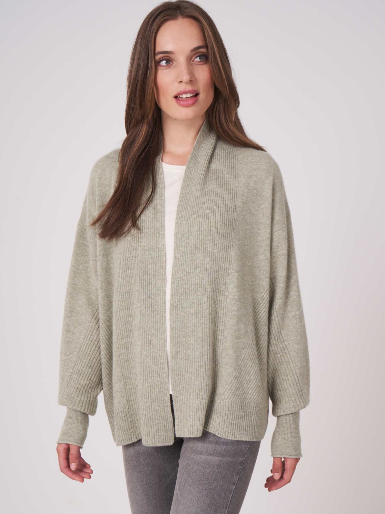 Open front organic cashmere cardigan with ribbed details