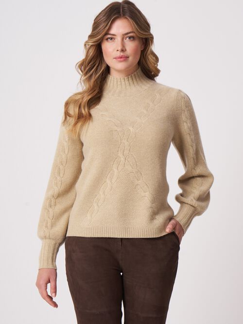Chunky cashmere puff-sleeve sweater with cable pattern