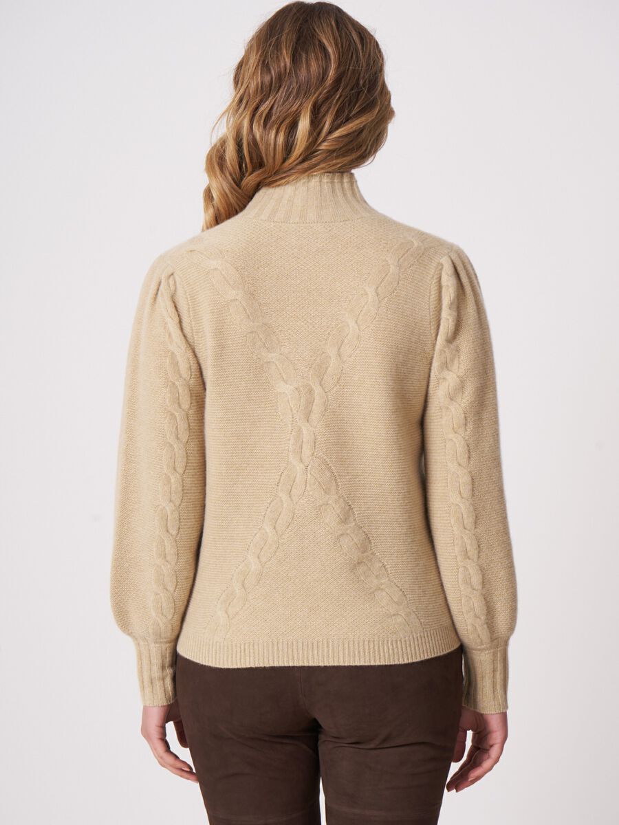 Chunky cashmere puff-sleeve sweater with cable pattern image number 2