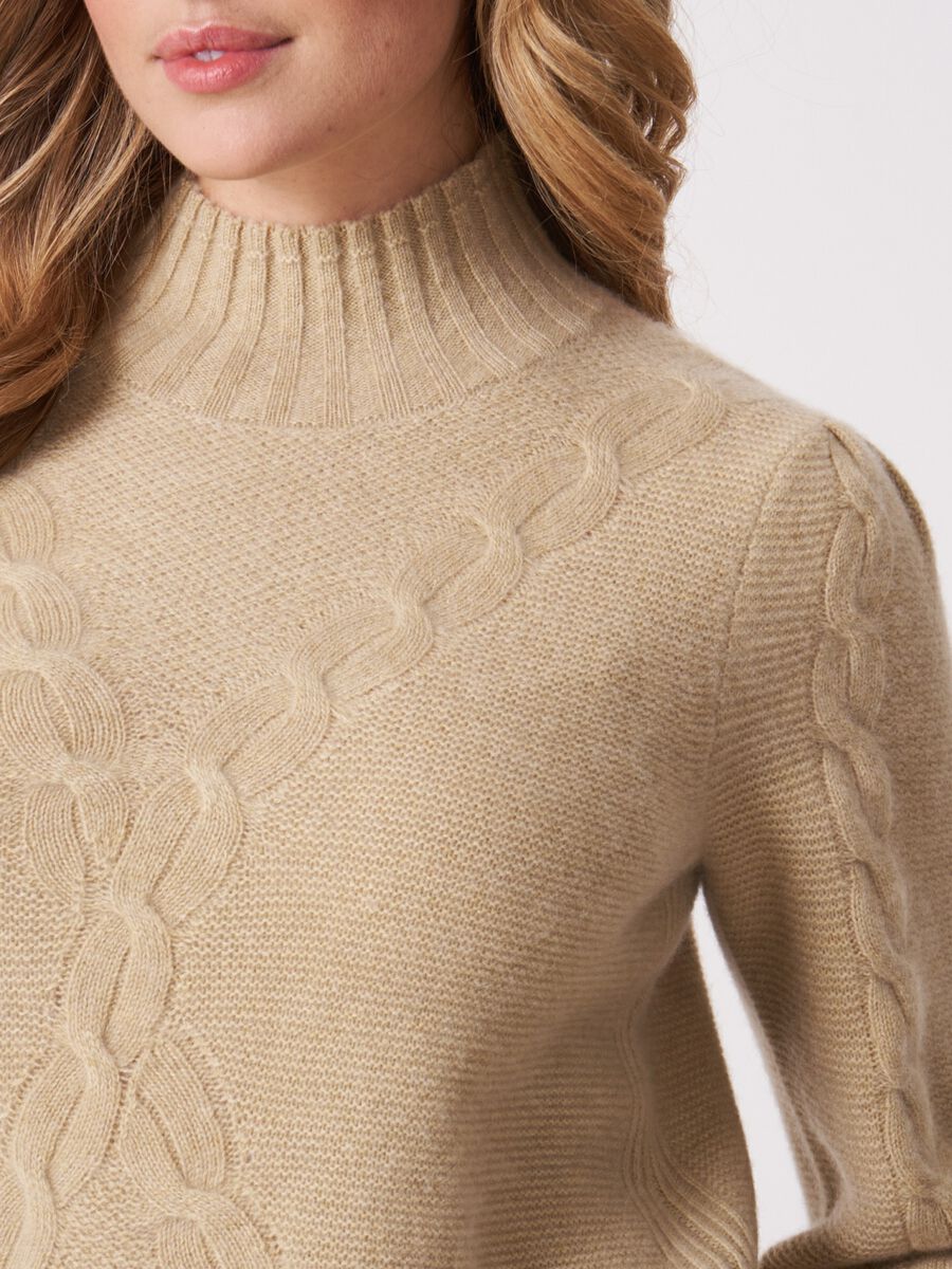 Chunky cashmere puff-sleeve sweater with cable pattern image number 3