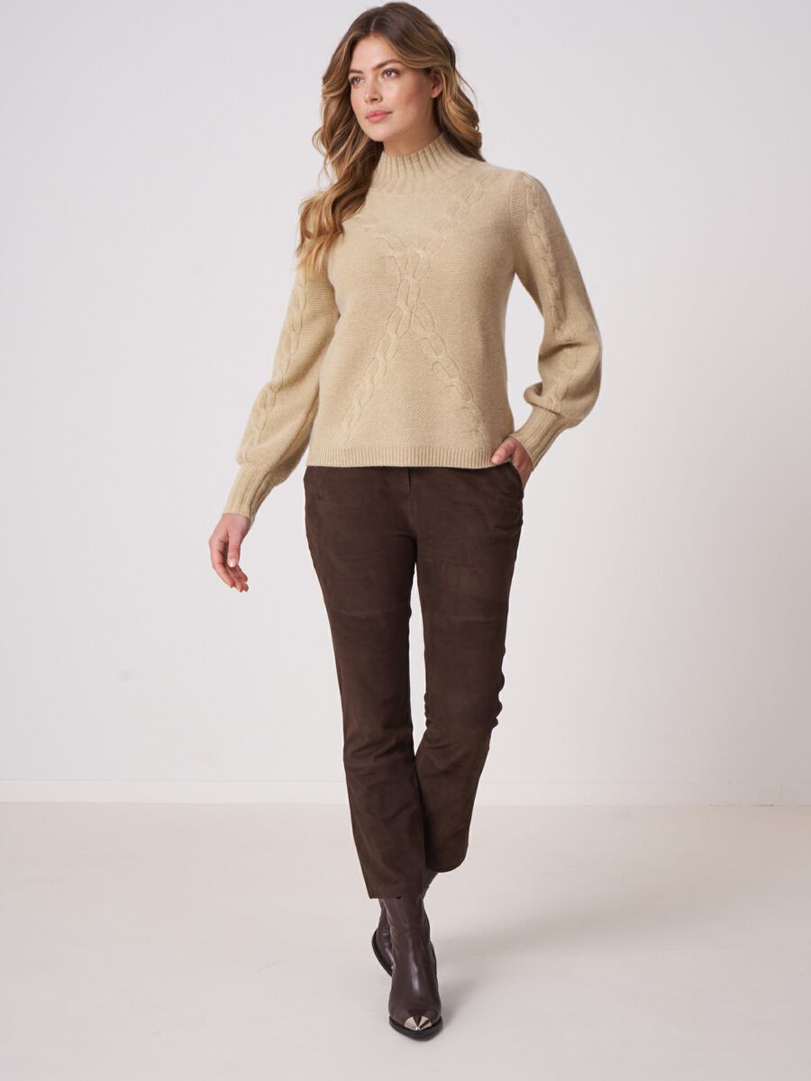 Chunky cashmere puff-sleeve sweater with cable pattern image number 4