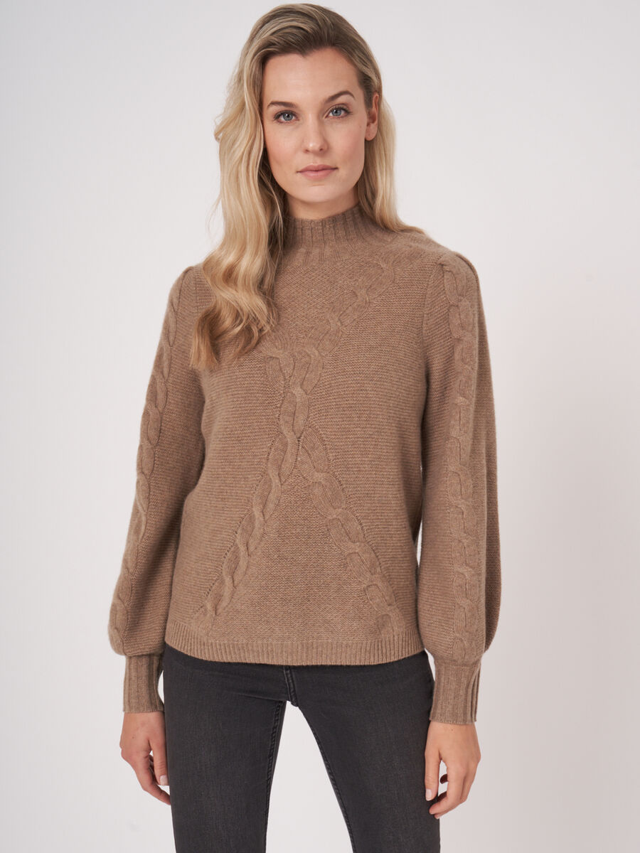 Chunky cashmere puff-sleeve sweater with cable pattern image number 0