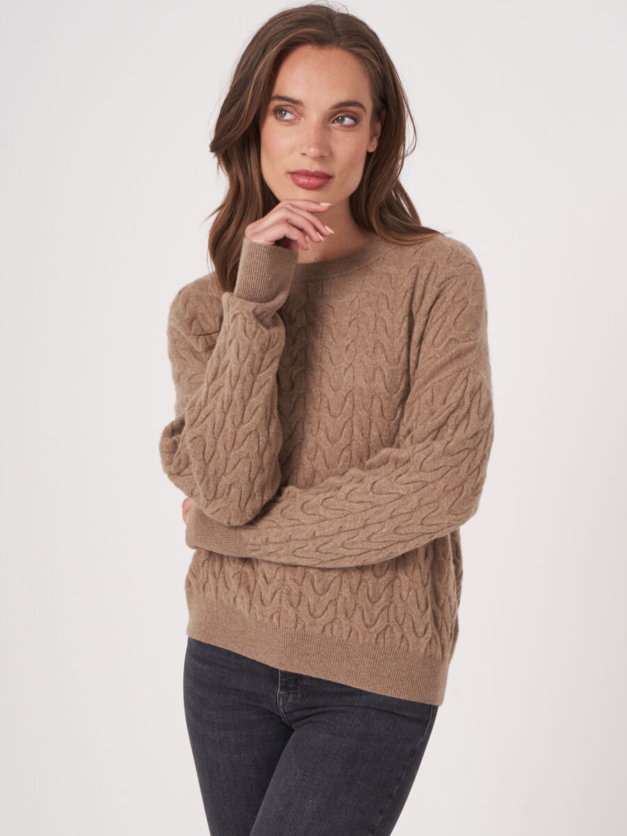 Fine knit cashmere sweater with cable pattern image number 0