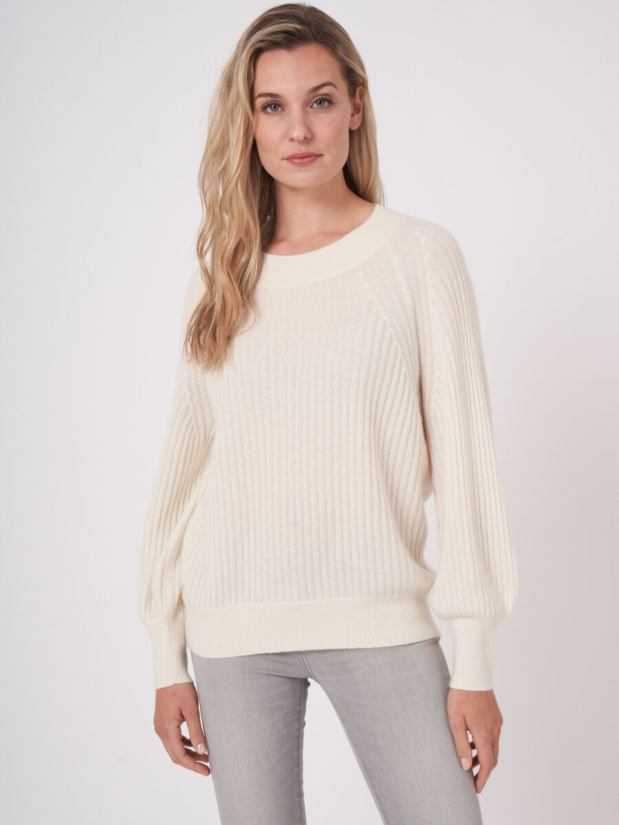 Rib knit cashmere sweater with puff sleeves image number 0