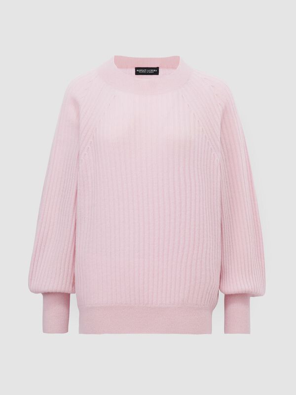 Rib knit cashmere sweater with puff sleeves
