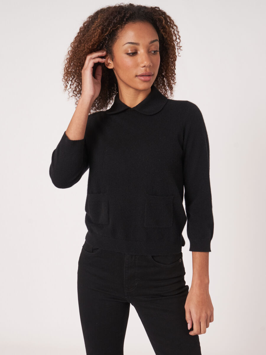 Organic cashmere jumper with polo neck and front pockets image number 0