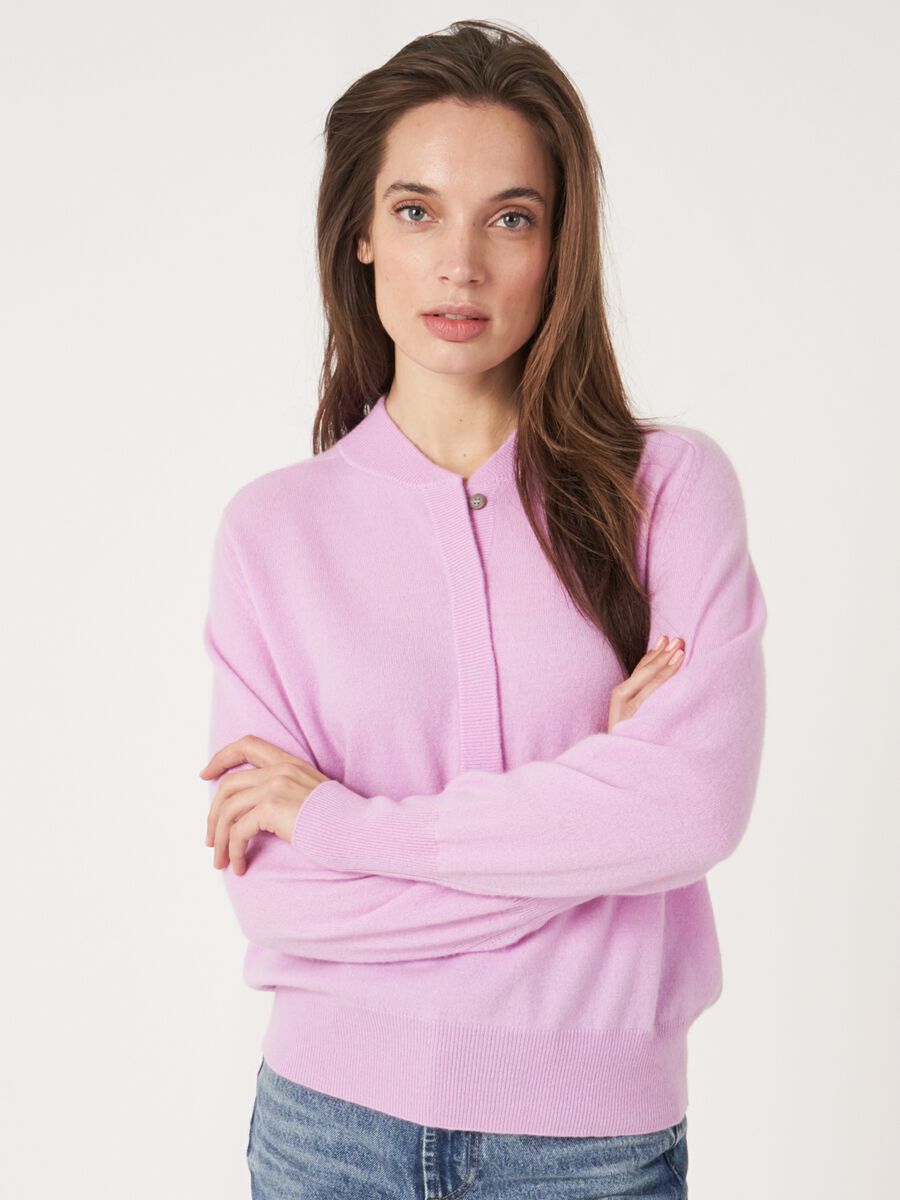 Cashmere sweater with ribbed baseball collar with button placket image number 0
