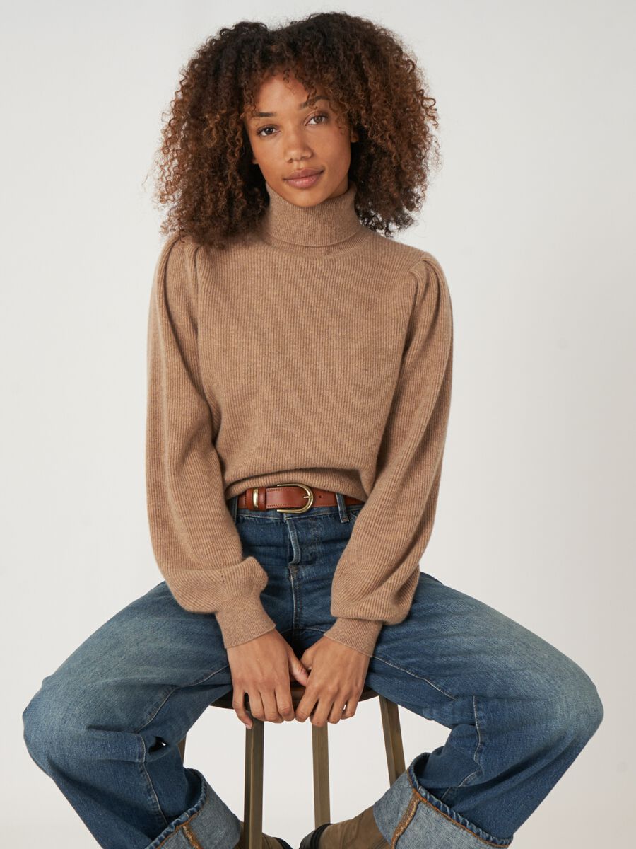 Fine rib knit cashmere high neck sweater   image number 0