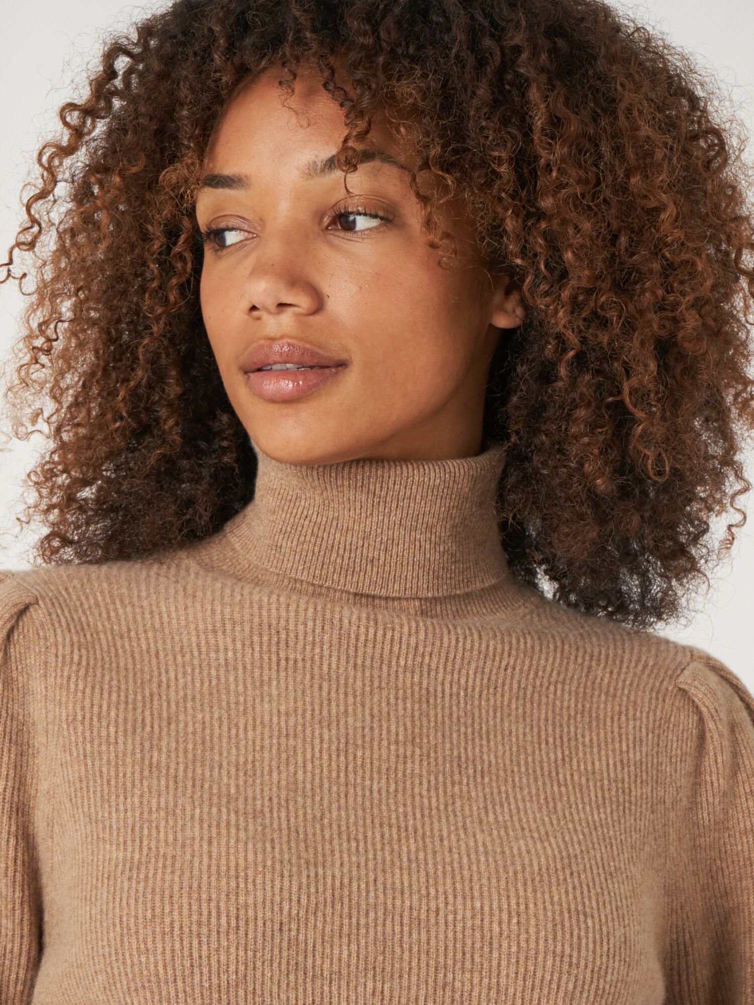 Fine rib knit cashmere high neck sweater