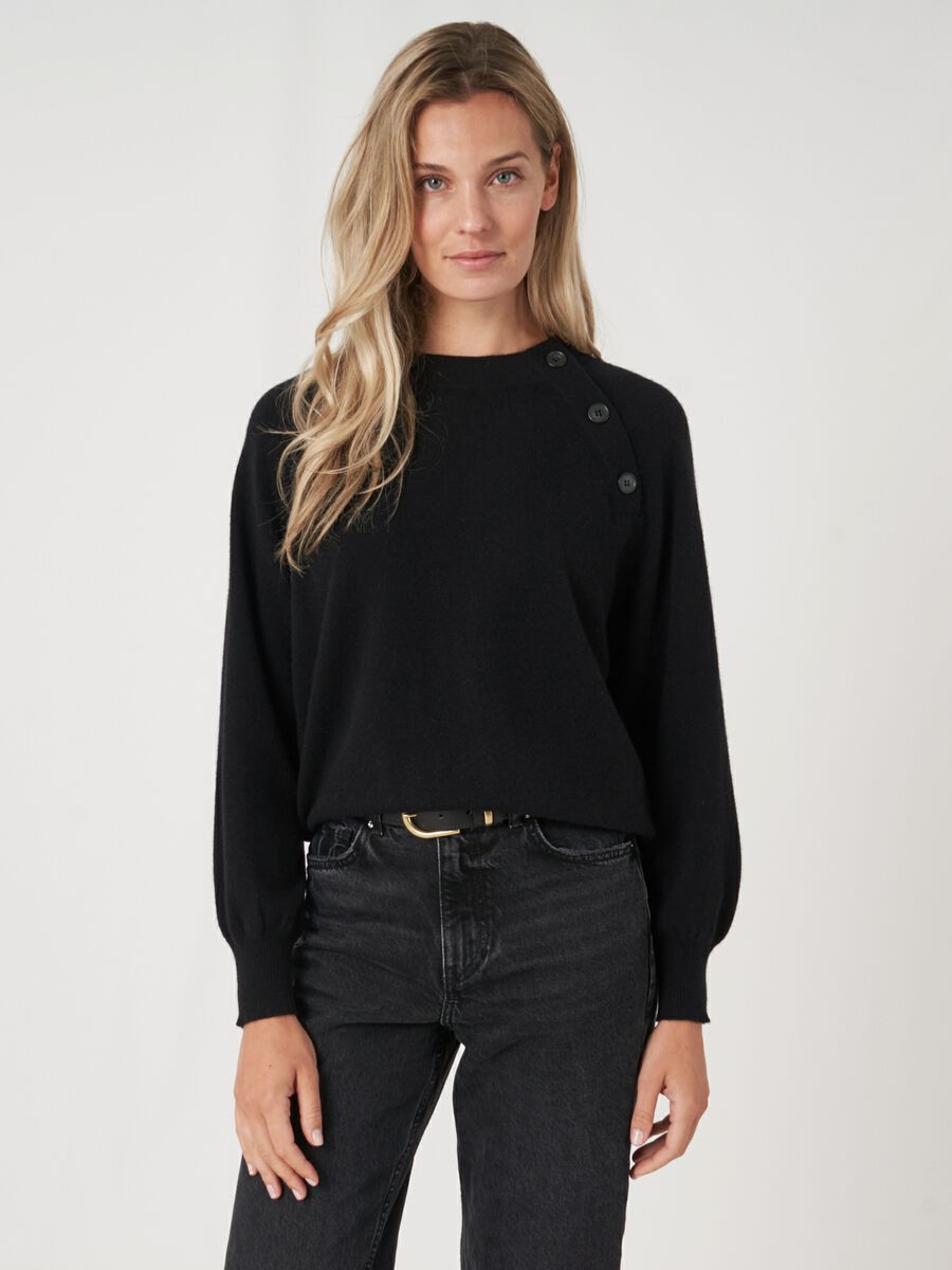 Puff sleeve sweater with round neckline with button placket image number 0