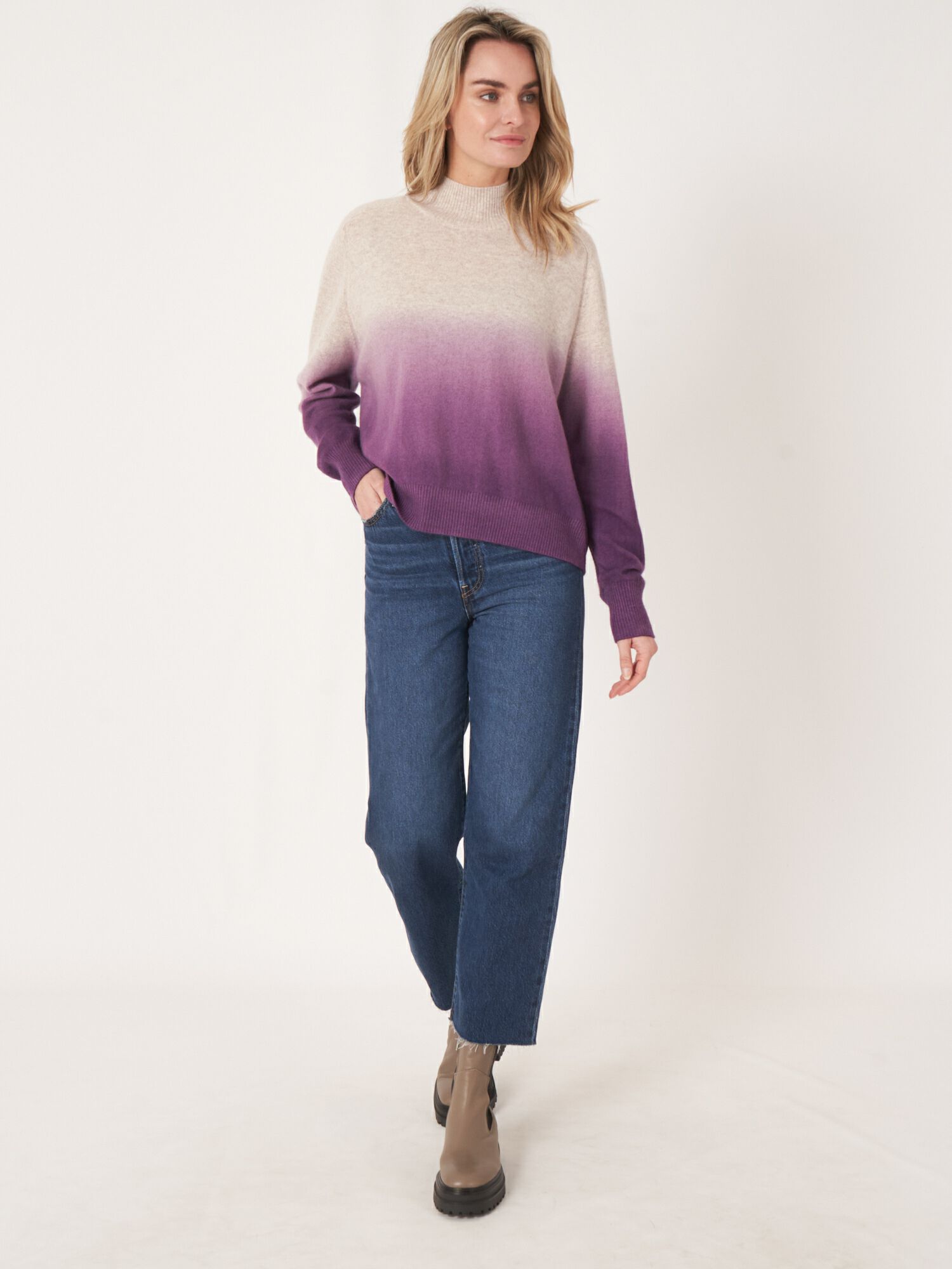 Dip dye cashmere sweater with stand collar