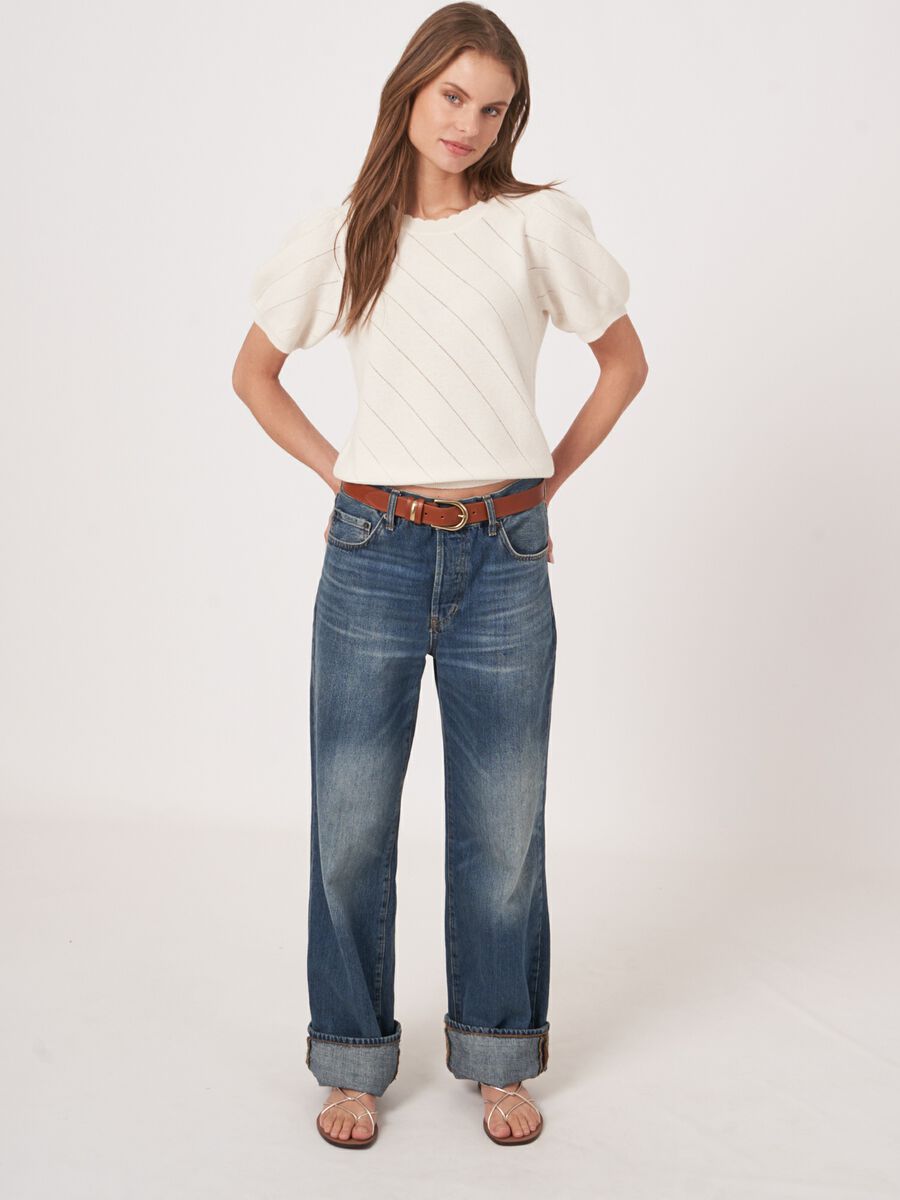 Pointelle cashmere trui met korte pofmouwen image number 4