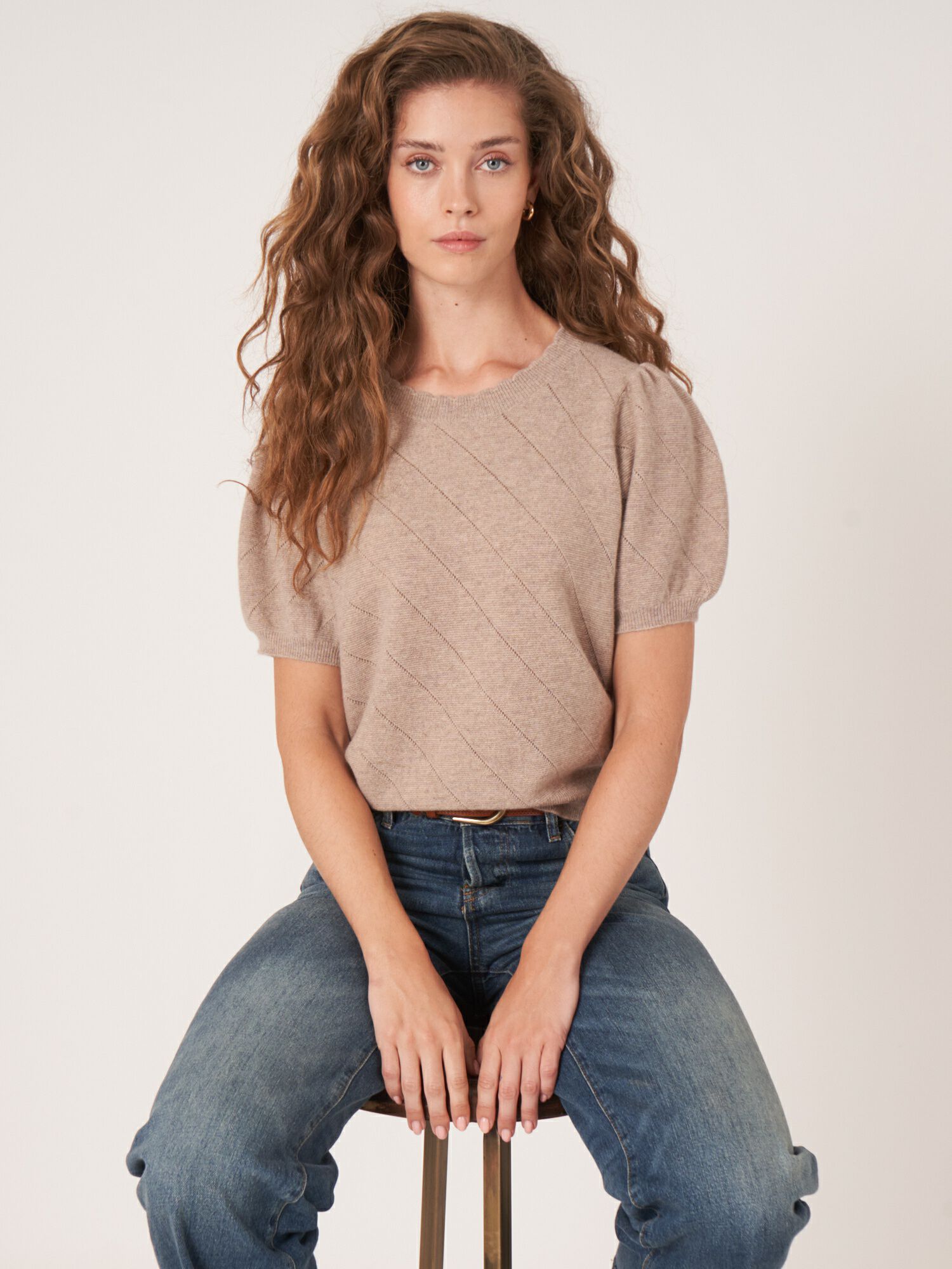 Women's Short sleeve pointelle cashmere sweater
