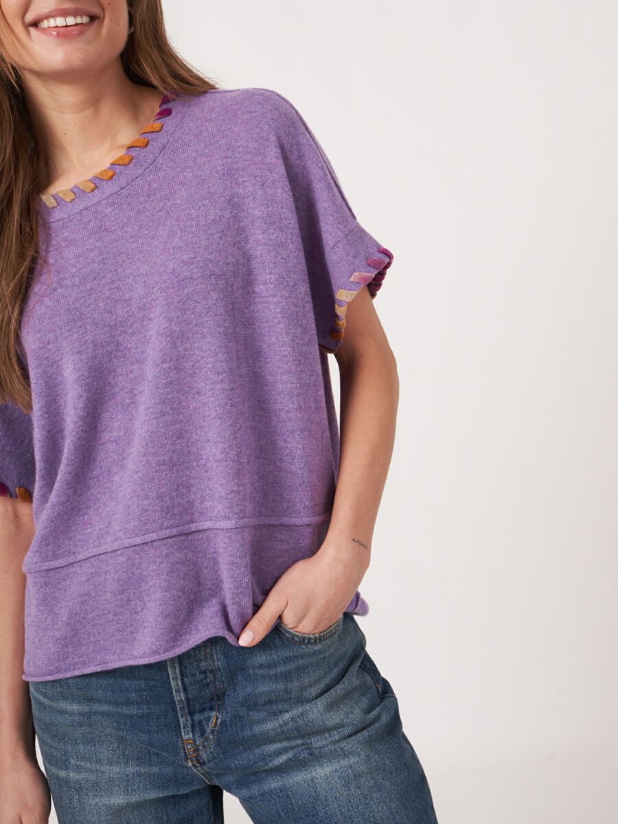 Organic cashmere poncho sweater with blanket stitch detail image number 2