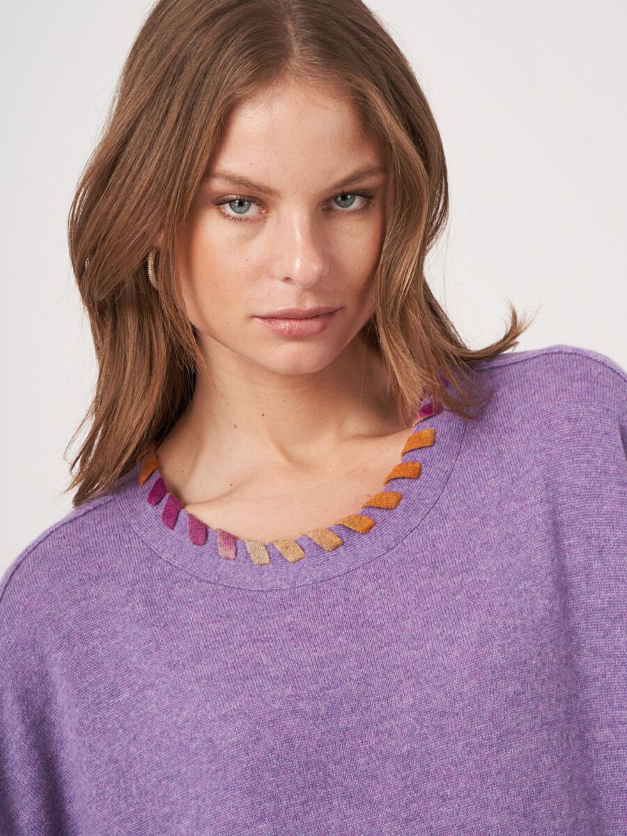 Organic cashmere poncho sweater with blanket stitch detail image number 3