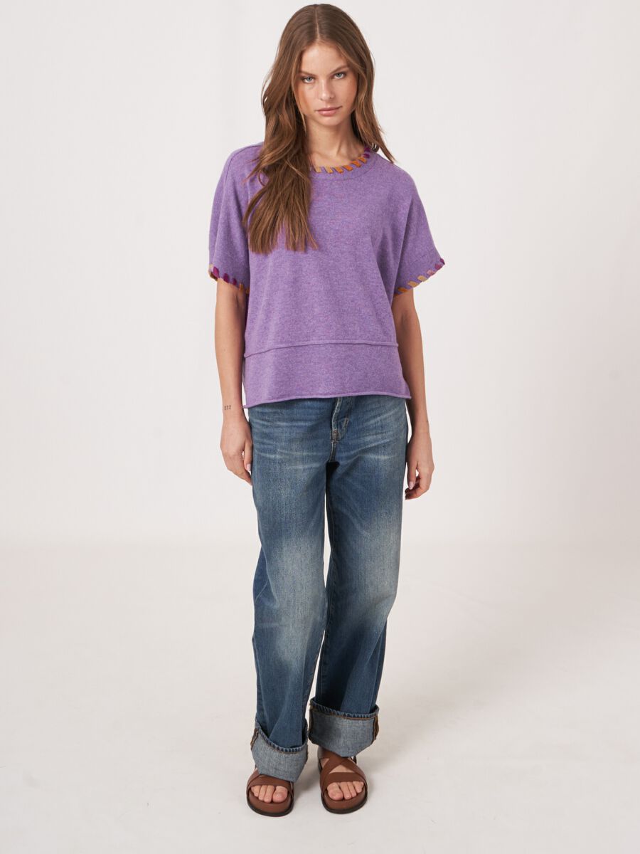 Organic cashmere poncho sweater with blanket stitch detail image number 4