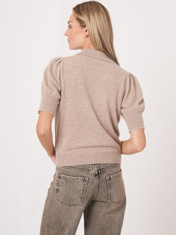 Polo neck short puff sleeve sweater with crochet details image number 1