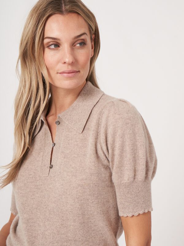 Polo neck short puff sleeve sweater with crochet details image number 2