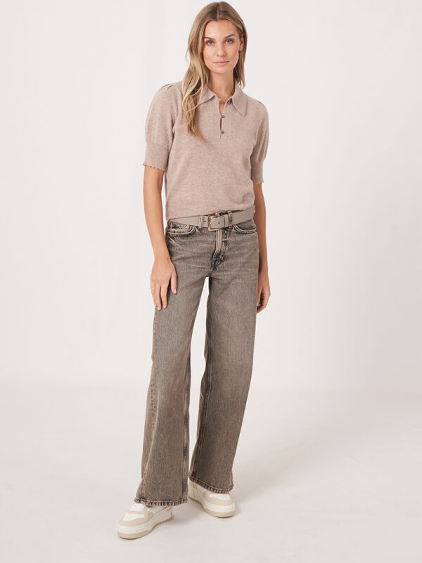 Polo neck short puff sleeve sweater with crochet details image number 4