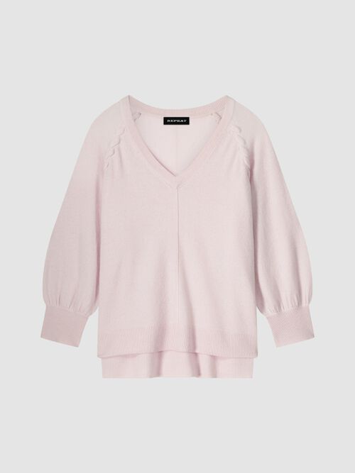 Raglan cashmere V-hals trui met gevlochten detail