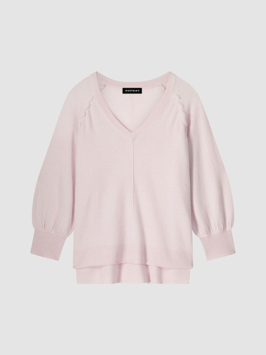Raglan cashmere V-neck sweater with braided detail image number 0