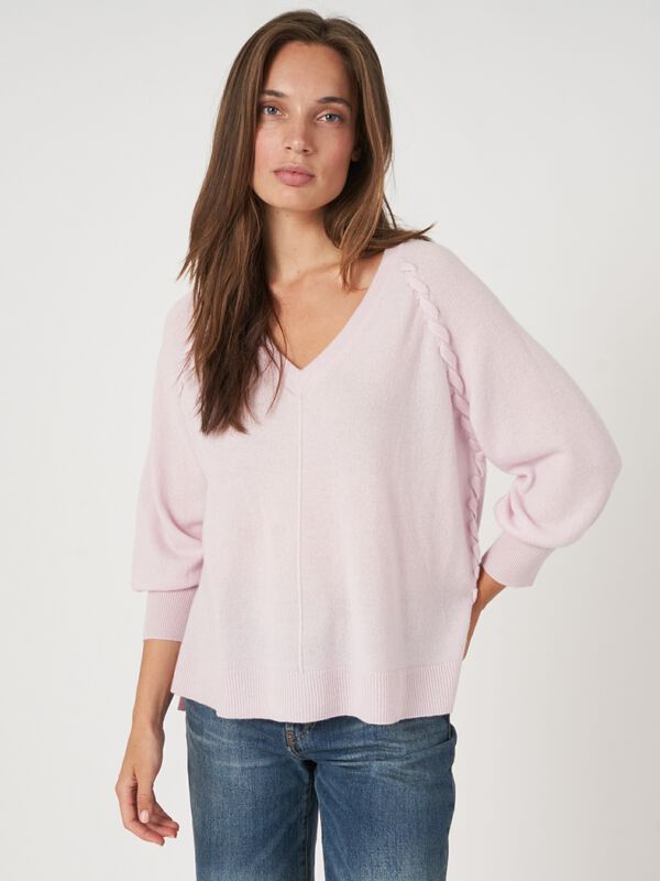 Raglan cashmere V-neck sweater with braided detail image number 1