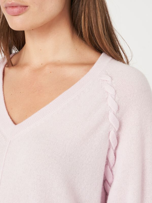 Raglan cashmere V-neck sweater with braided detail image number 5