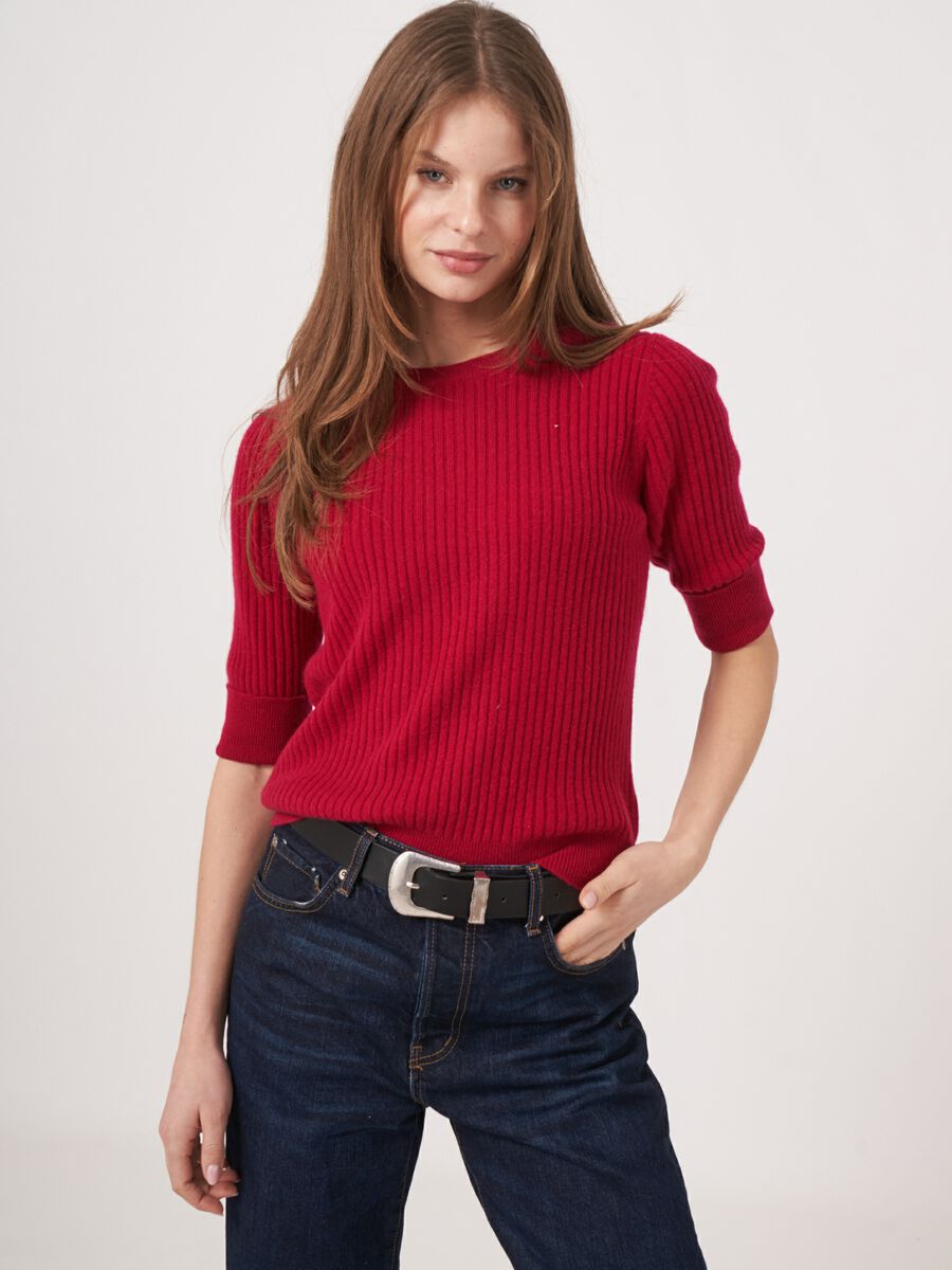 Cashmere trui met korte mouwen van fijn ribbreisel image number 2