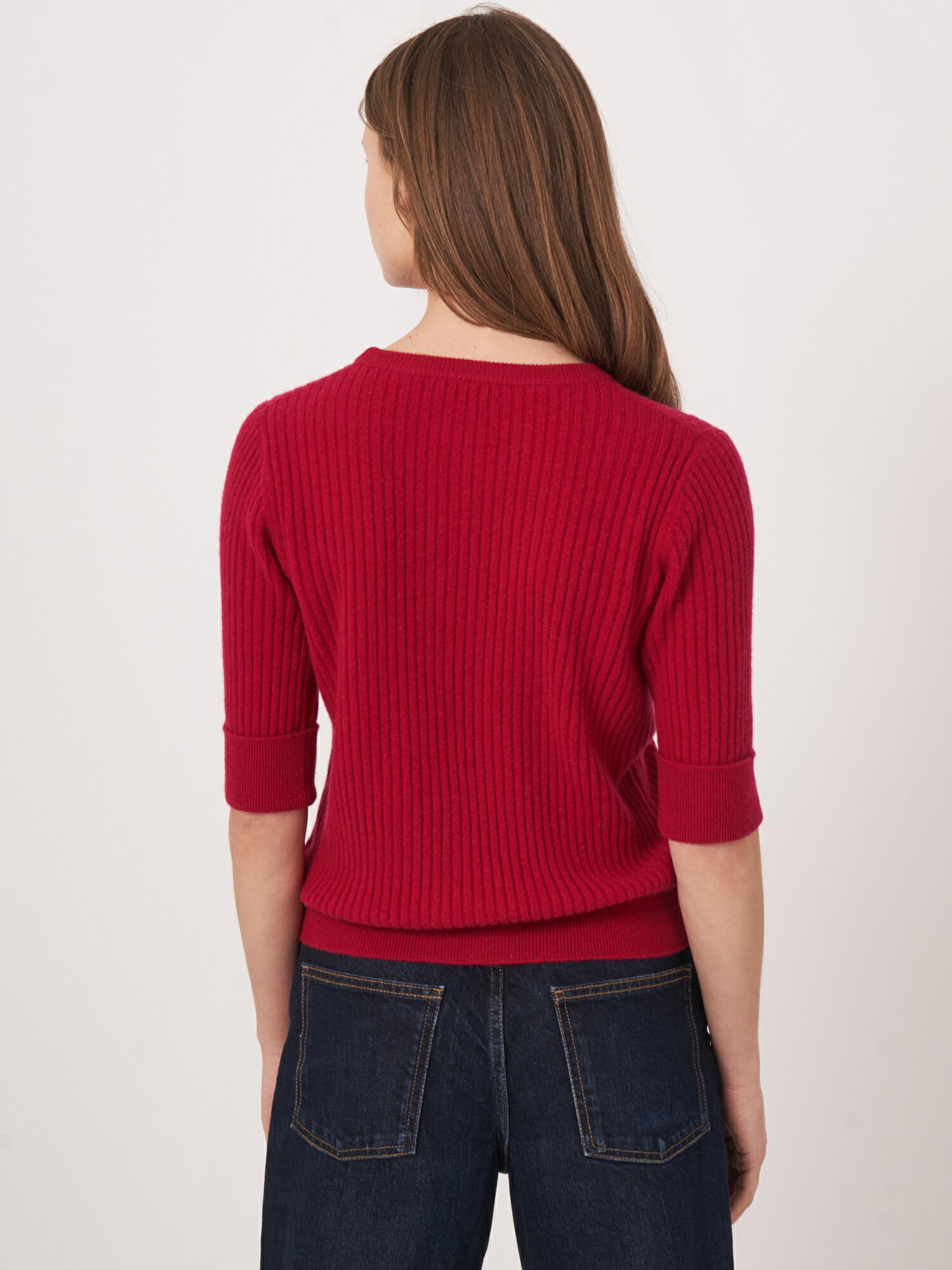 Short sleeve cashmere rib knit sweater
