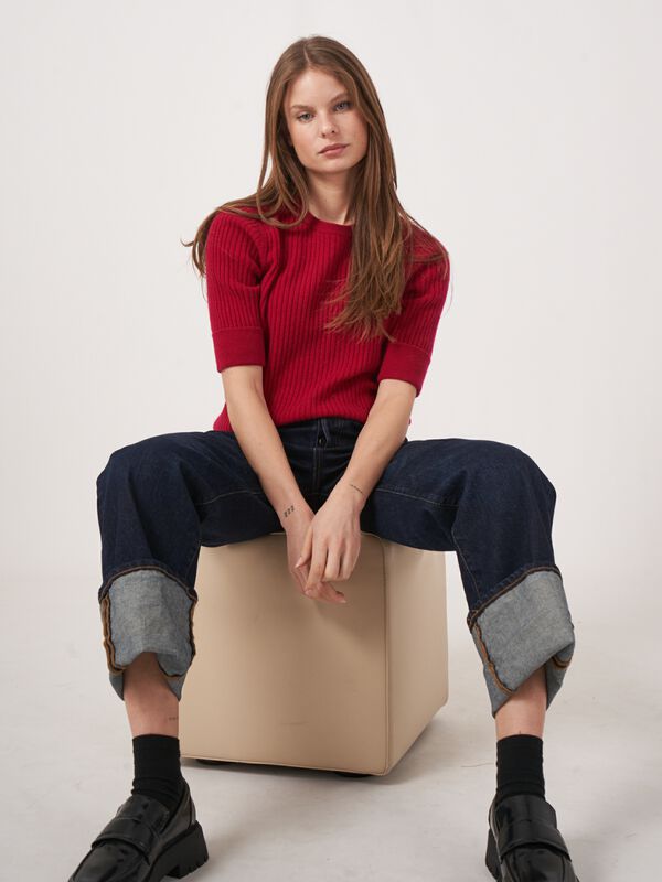 Kurzarm Kaschmir-Rippenstrick-Pullover image number 5