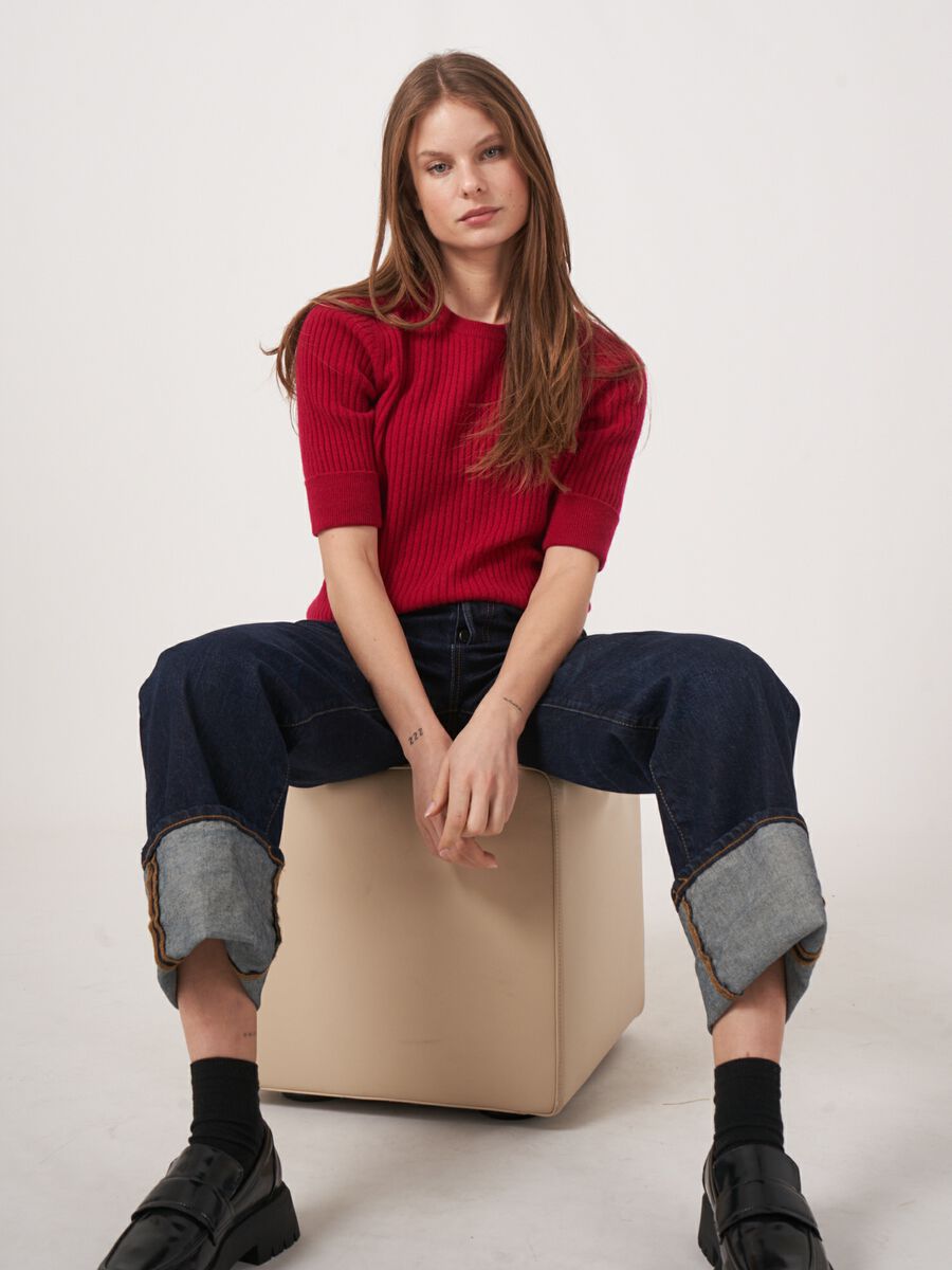 Cashmere trui met korte mouwen van fijn ribbreisel image number 5