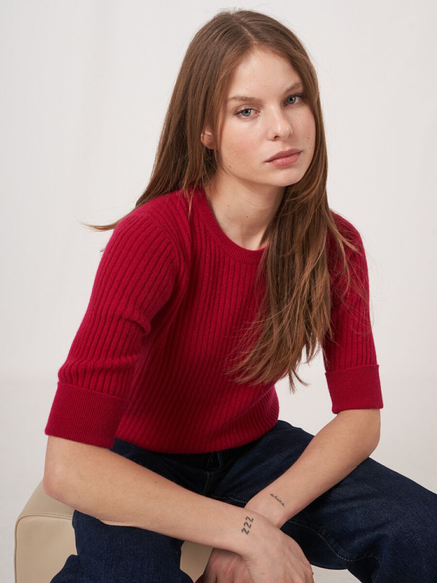 Cashmere trui met korte mouwen van fijn ribbreisel image number 4