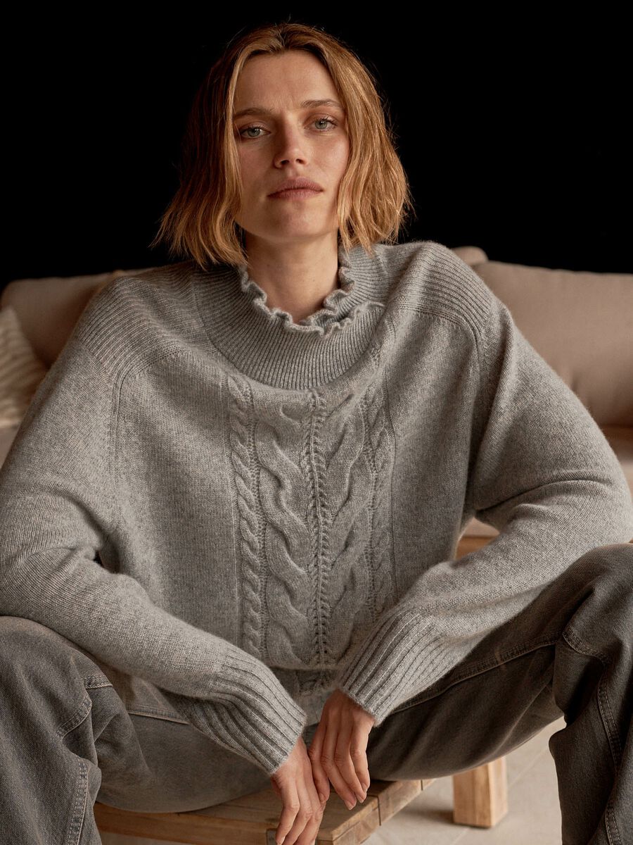 High neck cashmere sweater with cable detail image number 0