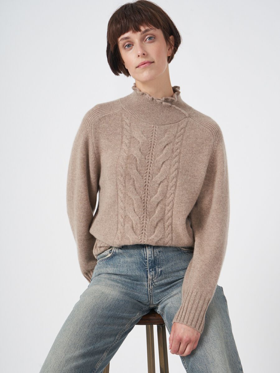 High neck cashmere sweater with cable detail image number 0