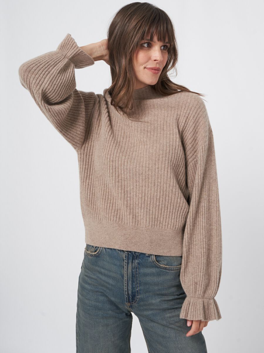 Cashmere rib nit sweater with ruffled sleeves image number 0