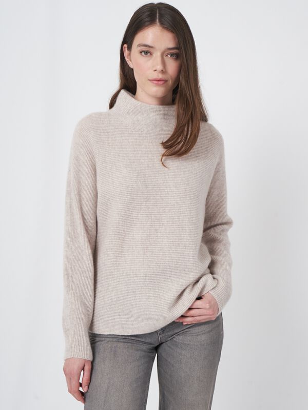 Cashmere stand collar sweater with horizontal rib knit image number 0