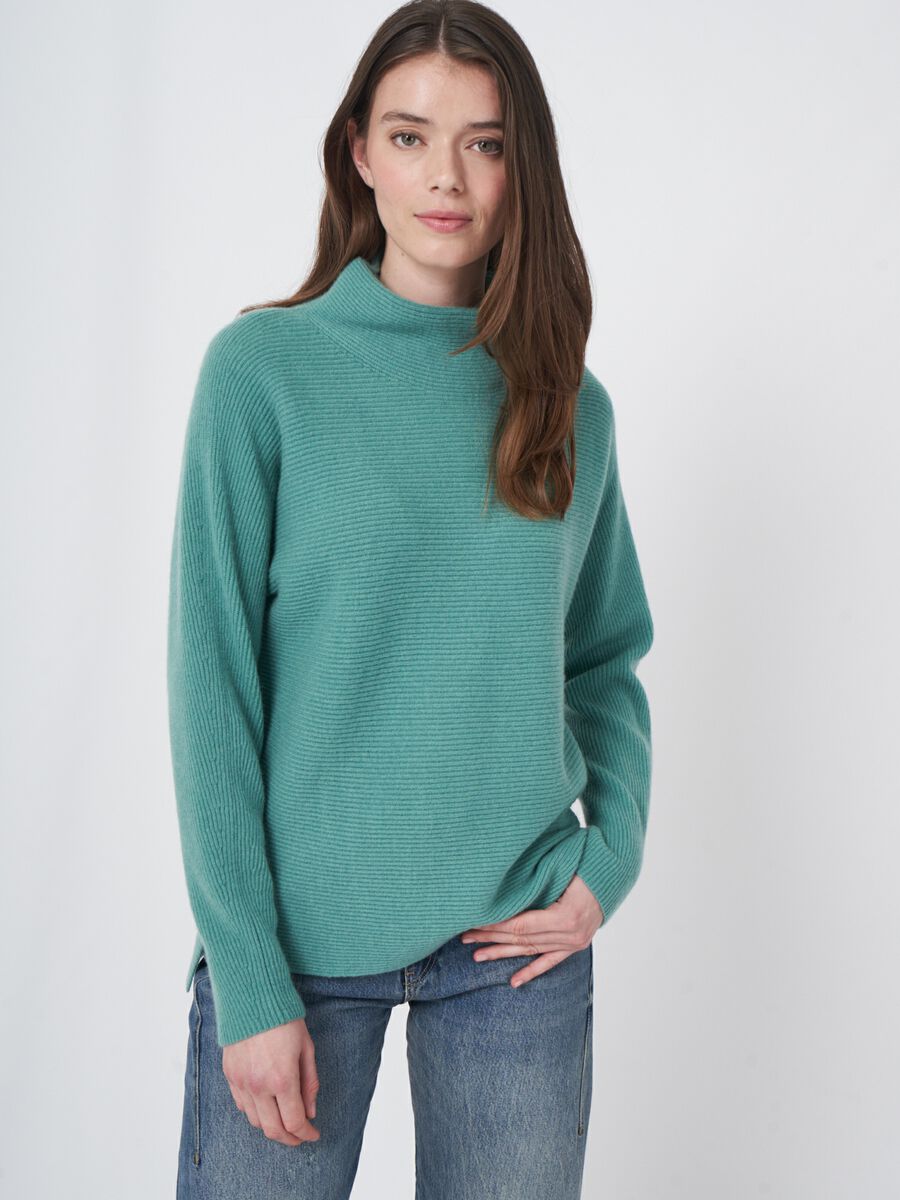 Cashmere stand collar sweater with horizontal rib knit image number 0