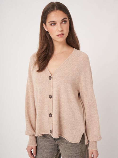 V-neck cashmere cardigan with balloon sleeves