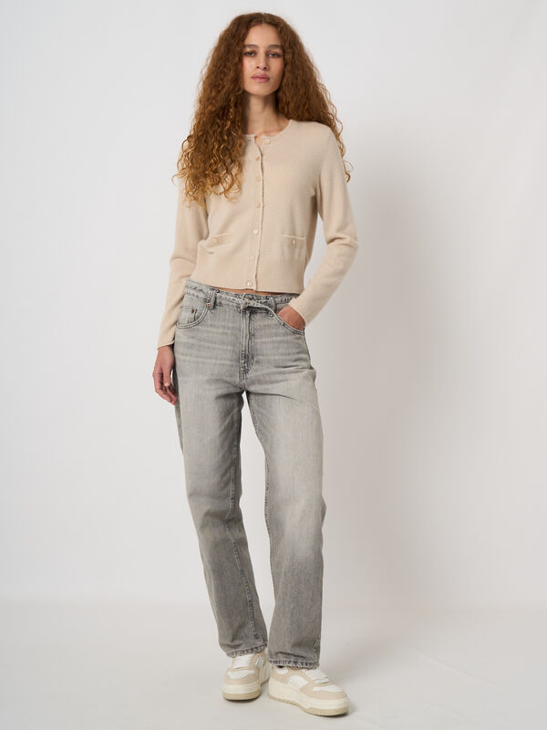 Kort kasjmieren cardigan met franjes image number 4