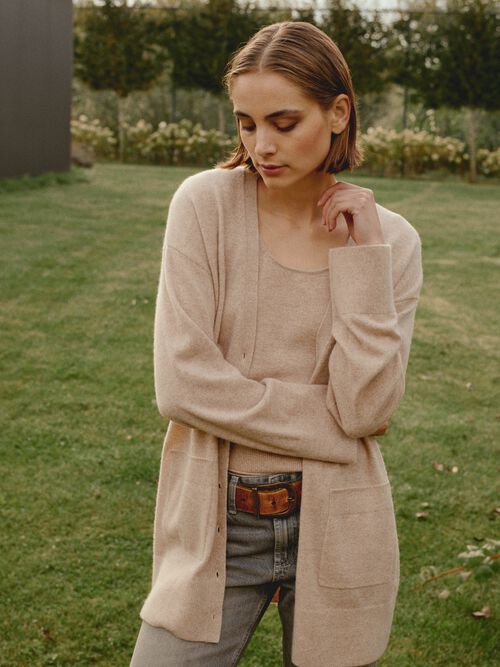 Cardigan mi-long en cachemire à col V et poches