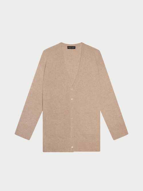 Cardigan mi-long en cachemire &agrave; col V et poches