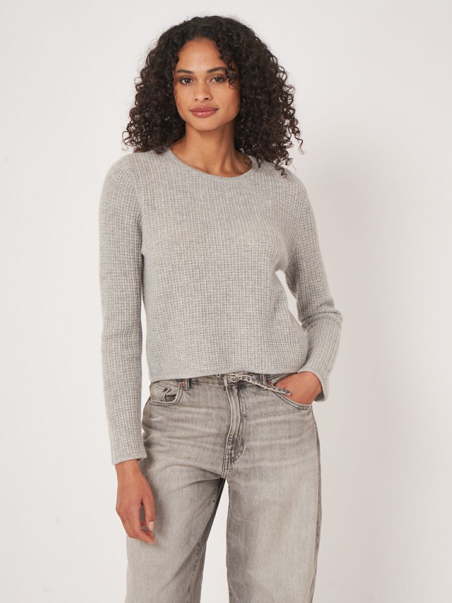 Cashmere trui met textuur en ronde hals image number 0