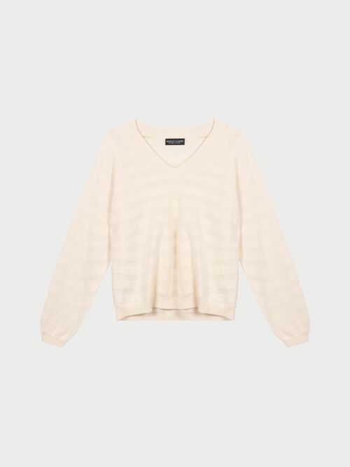 Pull cachemire &agrave; col V avec rayures ondul&eacute;es textur&eacute;es