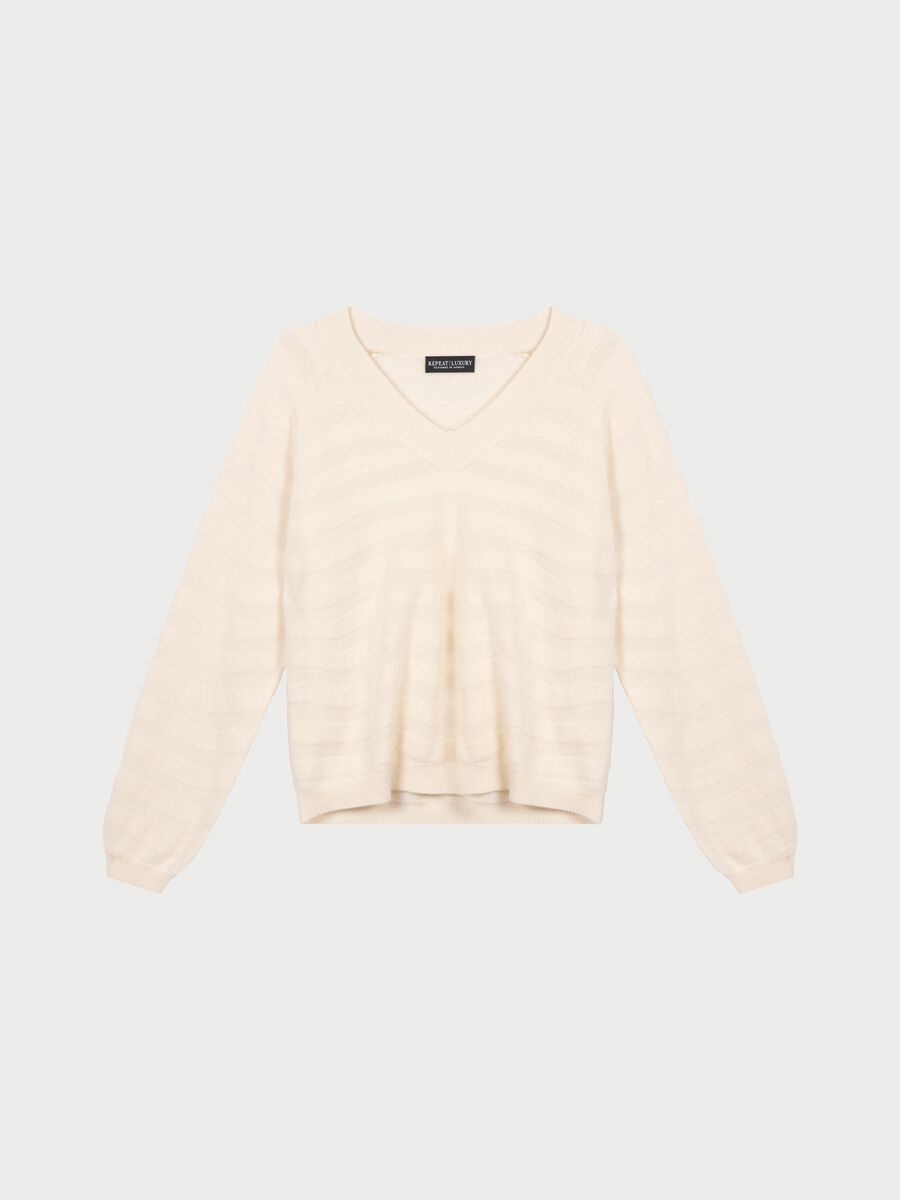 V-hals cashmere trui met golvende strepen met textuur image number 2
